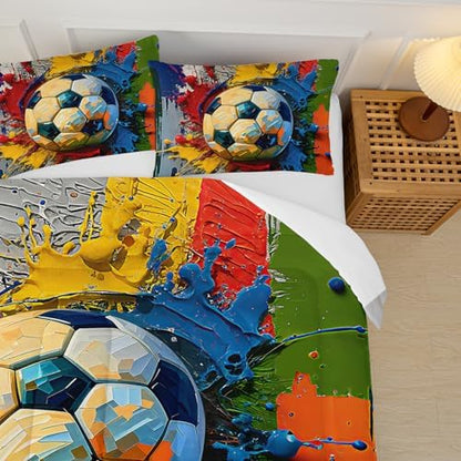 Queen Size Boys Comforter Set Soccer，Queen Size Kids Bedding Set Sports，with 1 Comforter with 2 Pillow Case