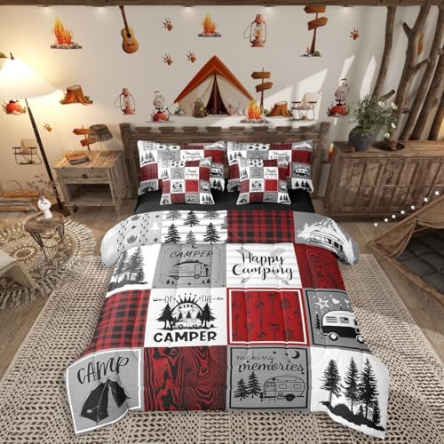 Erosebridal Camper Twin Bed in A Bag 7 Piece Rv Camping Comforter Set Rustic Buffalo Plaid Bedding Comforter Sets Camper Decor for Travel Trailers Bunk Country Camping Bed Set Red Black Grey