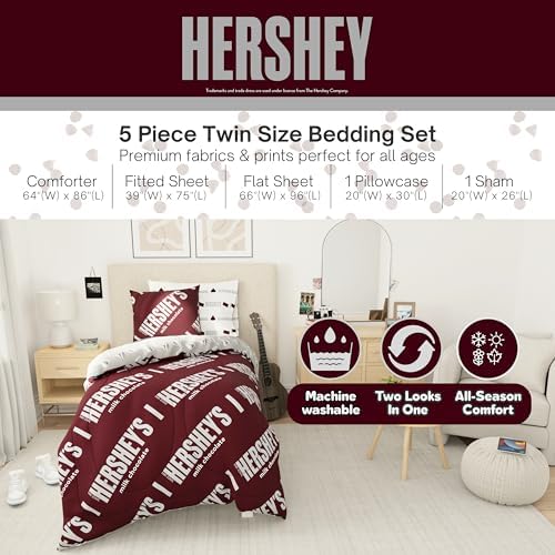 Hershey's Kisses Milk Chocolate Bedding Set, Twin Size 5 Piece Comforter and Sheet Set with Sham, (Officially Licensed Product) by Franco