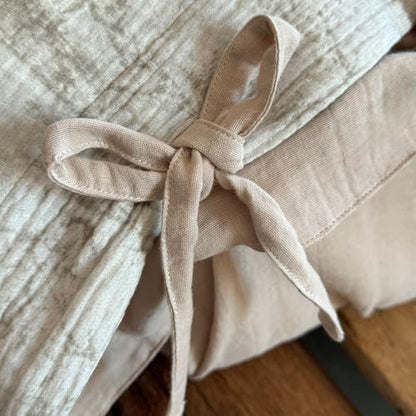 VM VOUGEMARKET Beige Ink Bamboo Print Double Layer Cotton Duvet Cover Set Twin,Natural Crinkled Cotton Muslin Bedding Set,Vintage Oriental Botanical Comforter Cover with Bow Ties