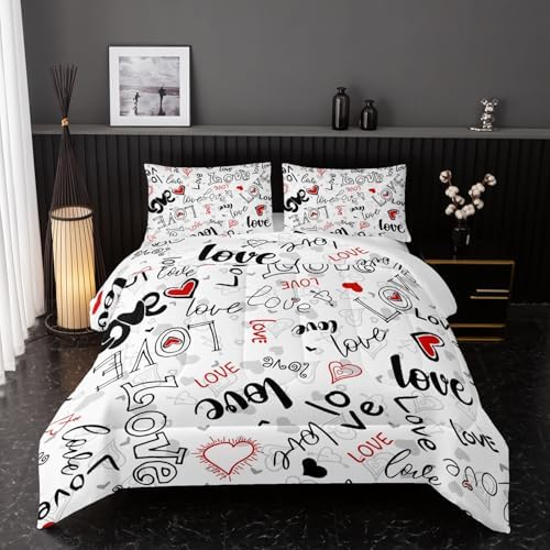 Nttopship Love Comforter Sets Twin Size，Valentines Day Romantic Soft Bedding Set Black White Watercolor Kawaii Comforter Cartoon Love Heart Geometric Comforter Set Soft Warm Quilt 3Pcs