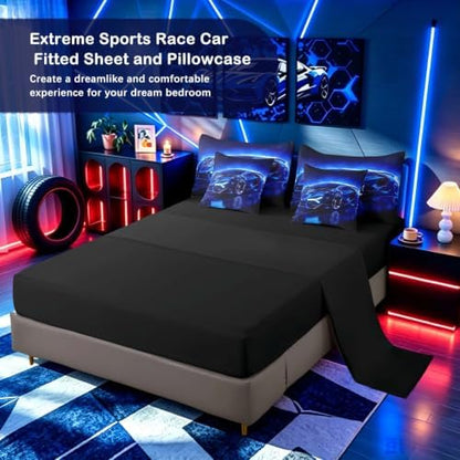Feelyou Kids Boys Sports Car 7 Piece Bedding Set Full Size Blue Race Car Comforter Set with Sheets for Kids Teens Boys Girls Extreme Sports Theme Bed in a Bag Speed Luxury Car Bed Set