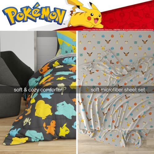 Pokemon Bedding Set, Full Size 7 Piece Set Kids Super Soft Cozy Reversible Comforter and Sheet Set with Sham, (100% Officially Licensed Product) by Franco