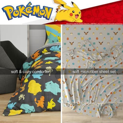 Pokemon Bedding Set, Full Size 7 Piece Set Kids Super Soft Cozy Reversible Comforter and Sheet Set with Sham, (100% Officially Licensed Product) by Franco