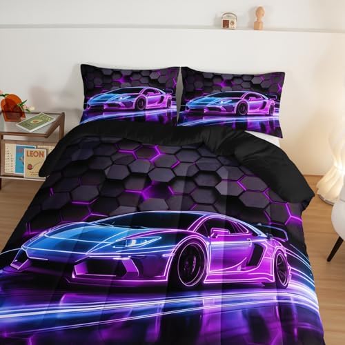HOSIMA Neon Extreme Sports Race Car Queen Bedding Sets with 2 Pillowcases.