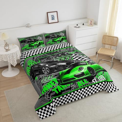 Green Sports Car Children Comforter Set,Race Cars Bedding Set for Kids Boys,Adults Soft Extreme Sports Game Comforter,Teens Racing Theme Quilted Duvet Set Bedroom Collection King Size 3Pcs