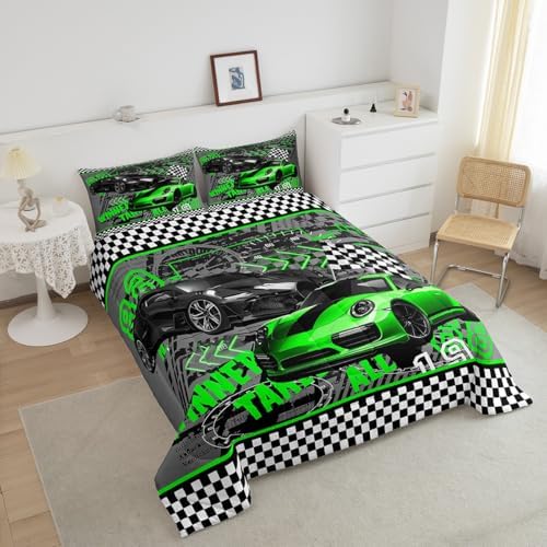 Castle Fairy Boys Race Car Twin Size Comforter Set,Kids Green Sports Car Decor All Season Bedding Set,Teens Extreme Sports Comforter,Children Decor Quilt Set Bedroom Collection 2Pcs