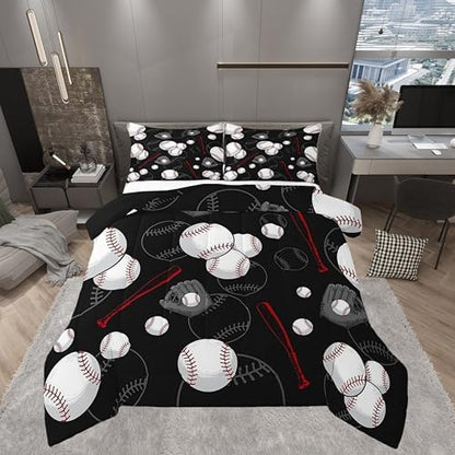 Castle Fairy Black White Baseball King Size Comforter Set,Kids Bat and Gloves Decor All Season Bedding Set,Teens Ball Games Comforter,Baseball Sketches Decor Quilt Set Bedroom Collection 3Pcs