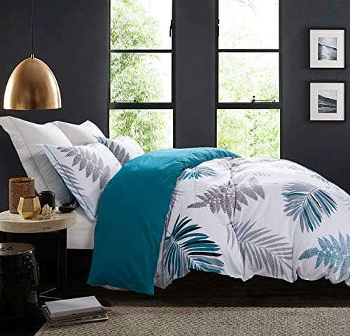 SLEEPBELLA Comforter King Size, 600 Thread Count Cotton Blue Floral with Khaki & Grey Leaves Pattern White Reversible Comforter Set,Down Alternative Bedding Set 3Pcs(King, Blue Botanical)