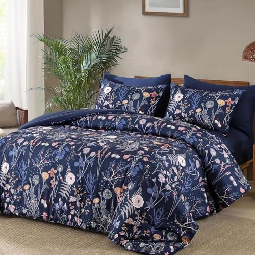 Yiran Twin Comforter Set Floral, Navy Blue 5 Piece Bed in a Bag Bedding Set Lightweight Comforters with Flowers for Women Girls, Soft Breathable Botanical Complete Set with Sheets for All Season