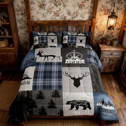 Deer Antler Bear Kids Comforter Set Full Size,Hunting Adventure Bedding Set for Boys Girls Adults Room Decor,Geometric Plaids Patchwork Down Comforter,Rustic Farmhouse Duvet Insert,2 Pillowcases