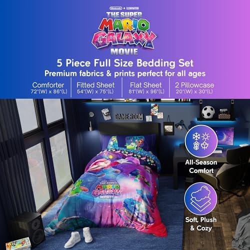 The Super Mario Galaxy Movie Bedding Set, Full Size 5 Piece Kids Super Soft Cozy Reversible Comforter and Sheet Set, (Officially Licensed Product) By Franco