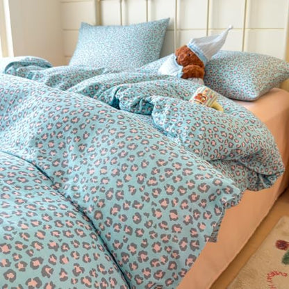 VM VOUGEMARKET Leopard Duvet Cover Set Queen,Light Blue Pink,Muslin Cotton