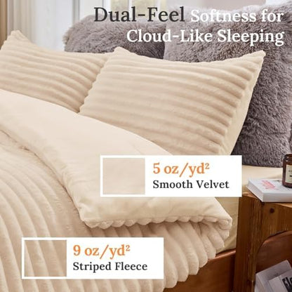 Sasttie Fluffy Queen Comforter Set, 3-Piece Soft Fleece Bedding, Beige