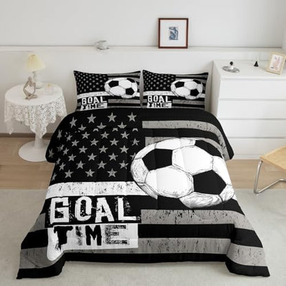 Boys Football Comforter Set Full, American Flag Duvet Sets Soccer Sports Games Down Comforter for Kids Teens Adult Bedroom, United States Stars Stripe Bedding Set with 2 Pillowcases, Black White