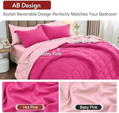 MUXHOMO 7 Pieces King Comforter Set, Reversible Bed in a Bag King Size, All Season Bedding Set with Comforter, Flat Sheet, Fitted Sheet, Pillowcases & Shams, Hot Pink & Baby Pink