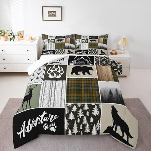 Camper Adventure Kids Comforter Set Queen Size,Deer Antlers Bear Paws Rustic Farmhouse Bedding Set for Boys Girls Adults Room Decor,Atzec Arrows Boho Down Comforter,Camo Duvet Insert,2 Pillowcases