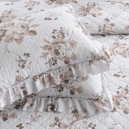 HORIMOTE HOME Khaki Ruffled Quilt Queen Size with 2 Pillow Shams, Shabby Chic Floral Printed Reversible Bedspread Coverlet, Soft Lightweight Comforter Bed Cover for All Season, 3 Pieces, 90x96 inches