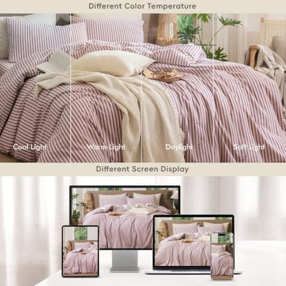 MooMee Striped Duvet Cover Set 100% Washed Cotton Linen Like Queen