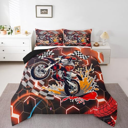 Racing Bedding Set Orange Neon Lights Honeycomb Comforter Set Motorbike Dirt Bike Quilt Geometric Hexagon Moto Extreme Sports Full Size Duvet Insert,Black White Grid Lattice Buffalo Plaid Decor
