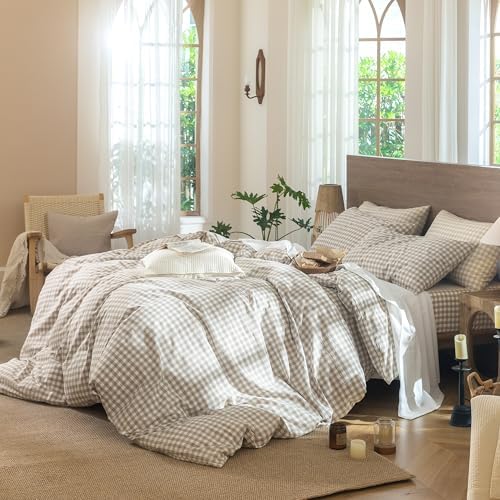MooMee Gingham Duvet Cover Set 100% Washed Cotton Linen Like