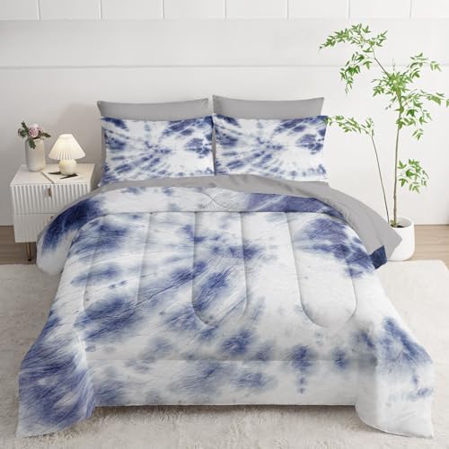 7Pcs Comforter Set Blue Tie Dye Printed Bedding Set with 1 Comforter, 1 Flat Sheet, 1 Fitted Sheet and 4 Pillowcases for Boys and Girls Bedroom All Season(Tie Dye Twin)
