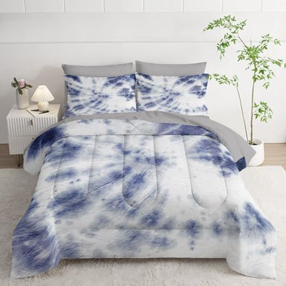 7Pcs Comforter Set Blue Tie Dye Printed Bedding Set with 1 Comforter, 1 Flat Sheet, 1 Fitted Sheet and 4 Pillowcases for Boys and Girls Bedroom All Season(Tie Dye Twin)