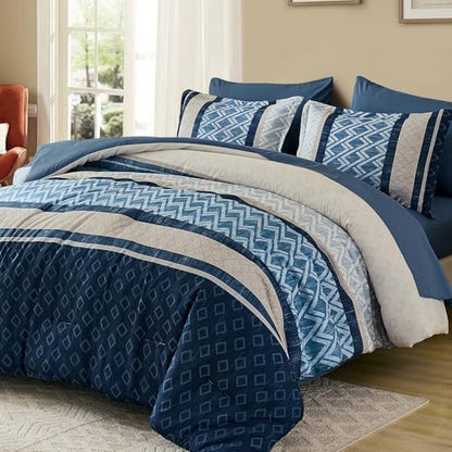 Cottolester California King Comforter Set,Blue Boho Striped Bed in a Bag