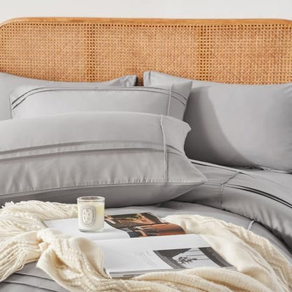 Yogeneg Full Size Comforter Set 7 Piece Bed in a Bag,Grid Pinch Pleat Grey Bedding Set,Striped Textured Soft Microfiber Comforter with Sheet Set,All Season Complete Bed Set(Grey,Full)