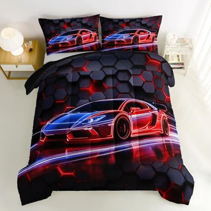 HOSIMA Honeycomb Geometric Race Car Full Comforter with 2 Pillowcases.