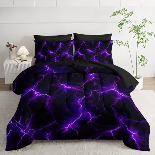 Nttopship Violet Lightning Comforter Set Full Thunder Bedding Sets 7PCS,Purple LightLight 7 Piece in A BagLight Violet Lightning Bedding Set 7 Piece in A Bag,Bed Sheet Set Abstract Decor All Seasons