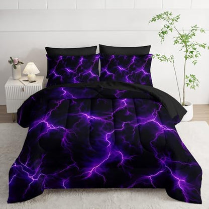 Nttopship Violet Lightning Comforter Set Full Thunder Bedding Sets 7PCS,Purple LightLight 7 Piece in A BagLight Violet Lightning Bedding Set 7 Piece in A Bag,Bed Sheet Set Abstract Decor All Seasons