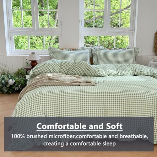 NSNLGSGC Sage Green Gingham Ruffle King Duvet Cover
