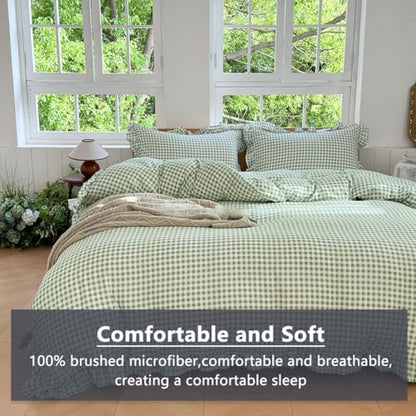 NSNLGSGC Sage Green Gingham Ruffle Queen Duvet Cover