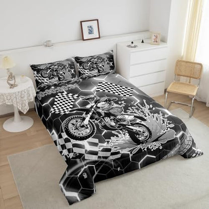 Racing Bedding Set Grey Neon Lights Honeycomb Comforter Set Motorbike Dirt Bike Quilt Geometric Hexagon Moto Extreme Sports Full Size Duvet Insert,Black White Grid Lattice Buffalo Plaid Decor