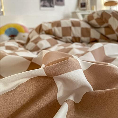 Wellboo Light Brown Plaid Comforter Sets Full Women Men Cream Coffee and White Checkerboard Grid Bedding Comforters Cotton Boys Girls Modern Light Taupe Checkered Geometric Quilts Luxury Abstract Bed