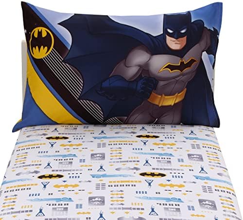 Warner Brothers Batman The Caped Crusader Blue, Gray, and Yellow Bat-Signal and Batmobile 2 Piece Toddler Sheet Set - Fitted Bottom Sheet and Reversible Pillowcase