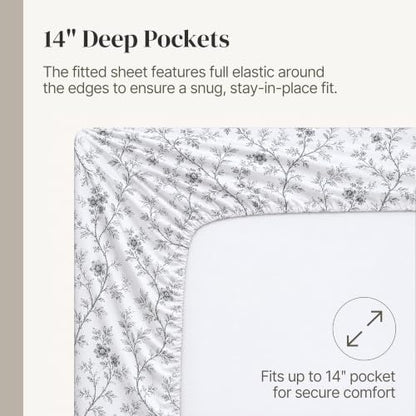 Modern Threads Silky Soft Microfiber and Wrinkle Free Sheets - Luxurious Microfiber Bed Sheets Includes Flat Sheet, Fitted Sheet with Deep Pockets, & Pillowcases Grey Garden Toile, King