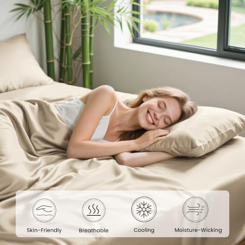 Love's cabin 4 Piece Full Size Sheet Set, 100% Rayon Derived from Bamboo, Cooling & Breathable, Soft Silky Deep Pocket up to 16", Hotel Luxury Bedding for Hot Sleepers, Dark Beige