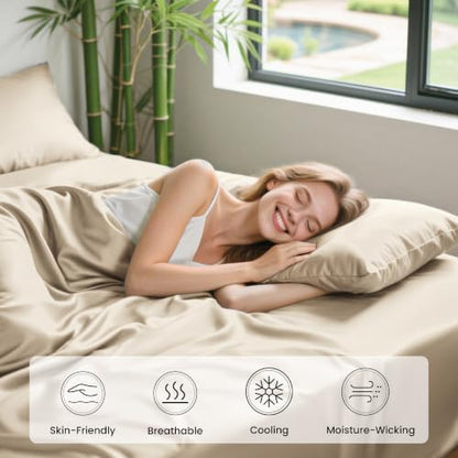Love's cabin 4 Piece Full Size Sheet Set, 100% Rayon Derived from Bamboo, Cooling & Breathable, Soft Silky Deep Pocket up to 16", Hotel Luxury Bedding for Hot Sleepers, Dark Beige