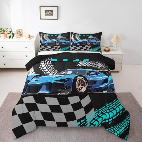 Erosebridal Toddler Race Car Bed for Boys,Black and White Buffalo Plaid Queen Comforter Set Toddler Bedding Sets for Boys,Square Plaid Lattice Quilt,Blue Extreme Sports Car Duvet Insert