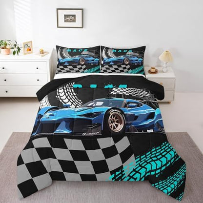 Erosebridal Toddler Race Car Bed for Boys,Black and White Buffalo Plaid Queen Comforter Set Toddler Bedding Sets for Boys,Square Plaid Lattice Quilt,Blue Extreme Sports Car Duvet Insert
