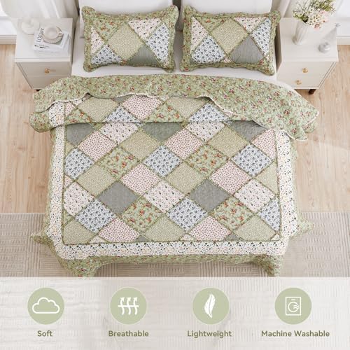 King Size Quilt Set Green Floral Patchwork Quilted Bedspreads Coverlet Set