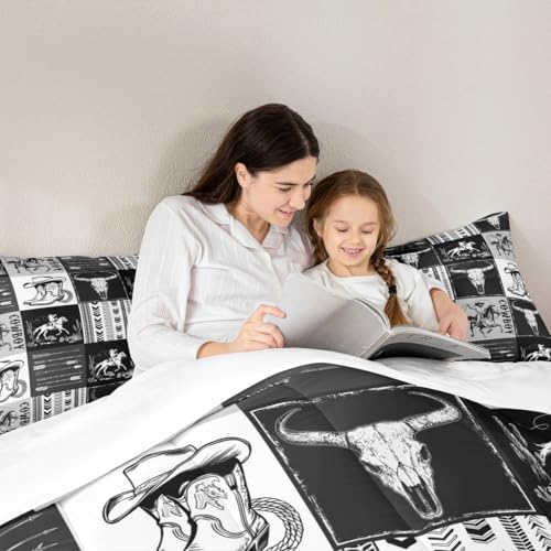 Manfei Western Cowboy Comforter Set Queen Size, Bull Skull Horse Arrow Print Bedding Set 3pcs for Kids Boys Teens Bedroom Decor, Geometric Grid Black Plaid Print Quilt Set with 2 Pillowcases