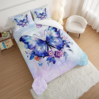 HOSIMA Floral Purple Butterfly Comforter-Soft Microfiber,Fantasy Butterfly Aesthetics Queen Size Bed in a Bag for Kids Girls Teens Women,Mandala Preppy Bedding 3Piece with 2 Pillow Shams.