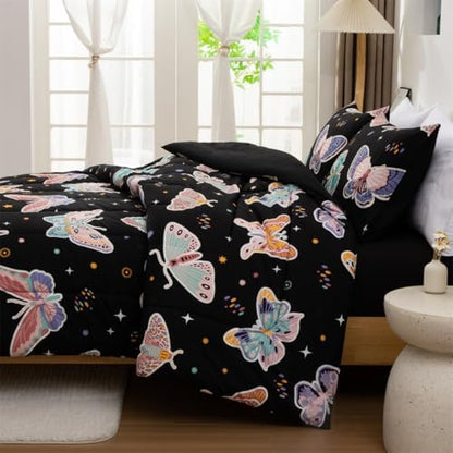 NTBED 5Pcs Glow in The Dark Kids Comforter Set Butterfly Queen Bedding Set