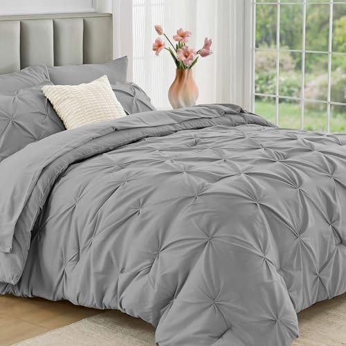 JOLLYVOGUE Queen Comforter Set 7 Pieces - Bed in a Bag Queen for All Season, Pintuck Bedding Comforter Sets with Comforter, Flat Sheet, Fitted Sheet and Pillowcases & Shams, Light Grey