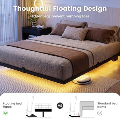 Liians King Floating Bed Frame with Smart LED Lights, USB Charging Station