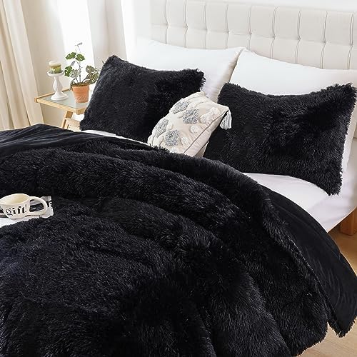 Smoofy Fluffy Twin Comforter Set, Black Faux Fur Comforter Set 2 Pieces