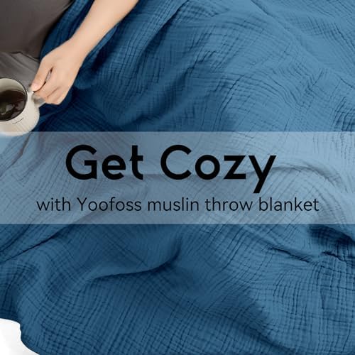 Yoofoss Muslin Blanket 100% Organic Cotton Throw Large 50" x 60" for Bed Couch Summer Gauze Blanket for Adults Lightweight and Breathable Dark Blue